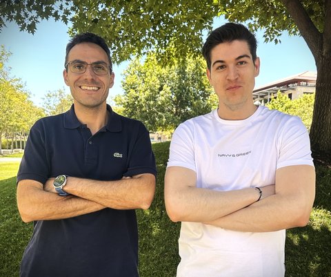 KIPAC members and co-authors of the study Niccolo di Lalla (left) and lead author Miltiadis Michailidis. (Not shown: Nicola Omodei.) (Credit: Kenzie Lauritzen for KIPAC.)